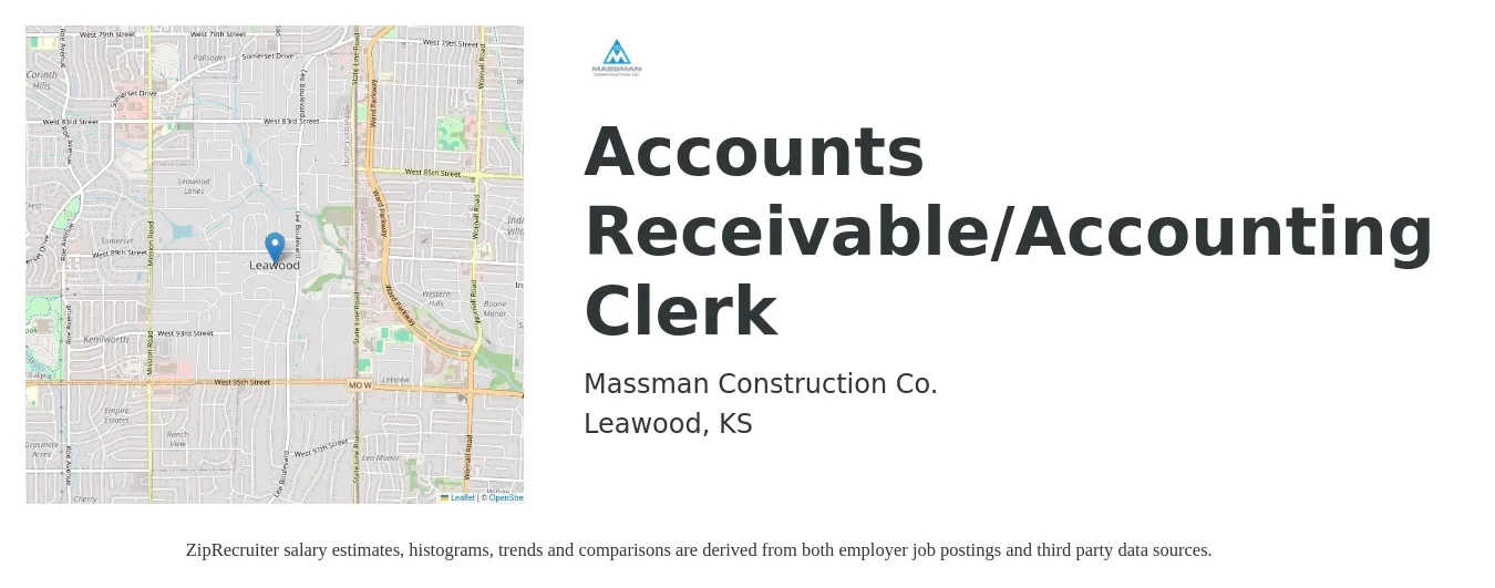 Massman Construction Co. job posting for a Accounts Receivable/Accounting Clerk in Leawood, KS with a salary of $18 to $23 Hourly with a map of Leawood location.
