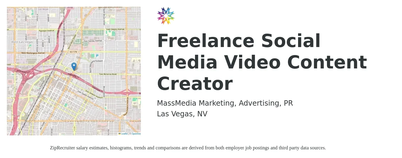 MassMedia Marketing, Advertising, PR job posting for a Freelance Social Media Video Content Creator in Las Vegas, NV with a salary of $20 to $32 Hourly with a map of Las Vegas location.