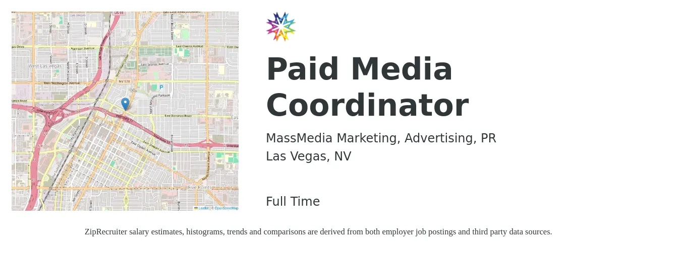 MassMedia Marketing, Advertising, PR job posting for a Paid Media Coordinator in Las Vegas, NV with a salary of $21 to $26 Hourly with a map of Las Vegas location.