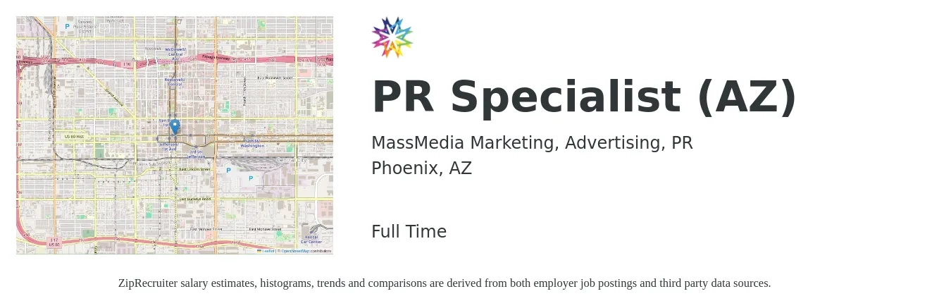MassMedia Marketing, Advertising, PR job posting for a PR Specialist (AZ) in Phoenix, AZ with a salary of $51,600 to $73,500 Yearly with a map of Phoenix location.