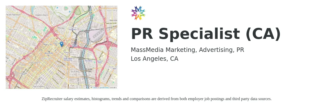 MassMedia Marketing, Advertising, PR job posting for a PR Specialist (CA) in Los Angeles, CA with a salary of $56,000 to $79,700 Yearly with a map of Los Angeles location.