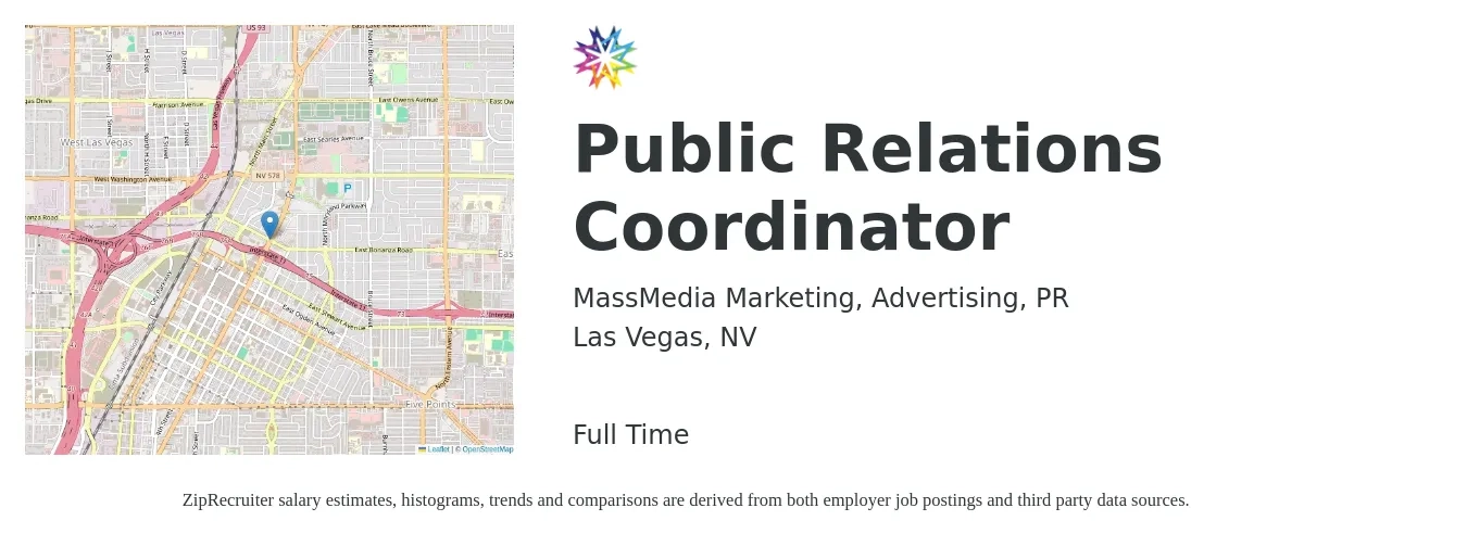 MassMedia Marketing, Advertising, PR job posting for a Public Relations Coordinator in Las Vegas, NV with a salary of $36,600 to $54,000 Yearly with a map of Las Vegas location.