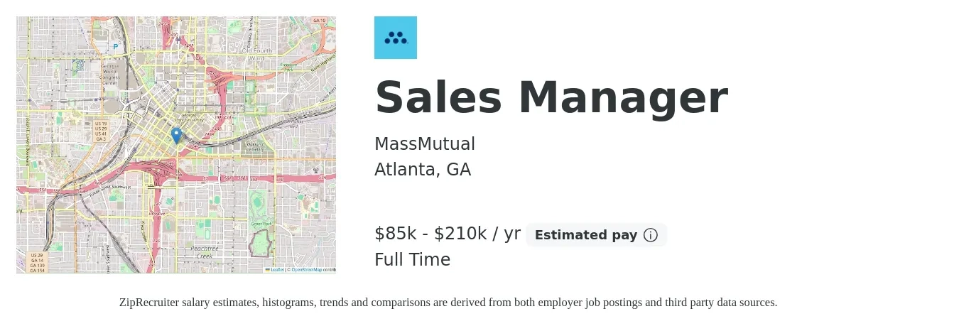 MassMutual job posting for a Sales Manager in Atlanta, GA with a salary of $85,000 to $210,000 Yearly with a map of Atlanta location.