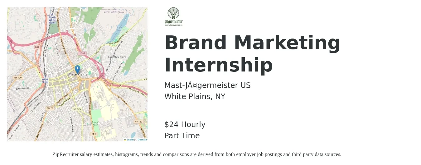 Mast-Jägermeister US job posting for a Brand Marketing Internship in White Plains, NY with a salary of $25 Hourly with a map of White Plains location.