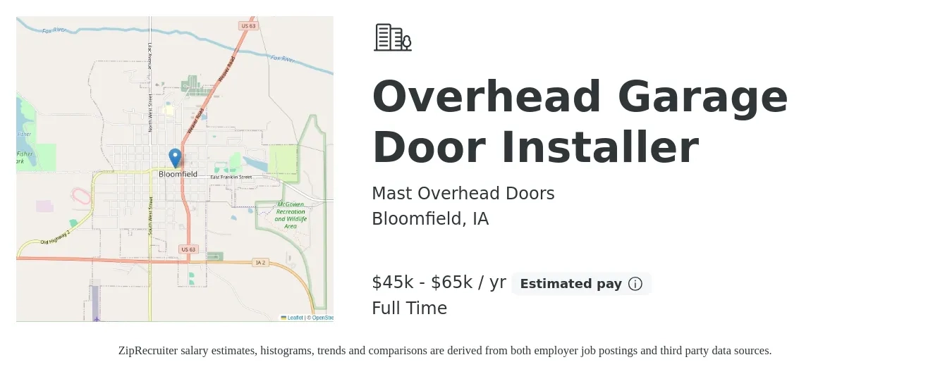 Mast Overhead Doors job posting for a Overhead Garage Door Installer in Bloomfield, IA with a salary of $45,000 to $65,000 Yearly with a map of Bloomfield location.