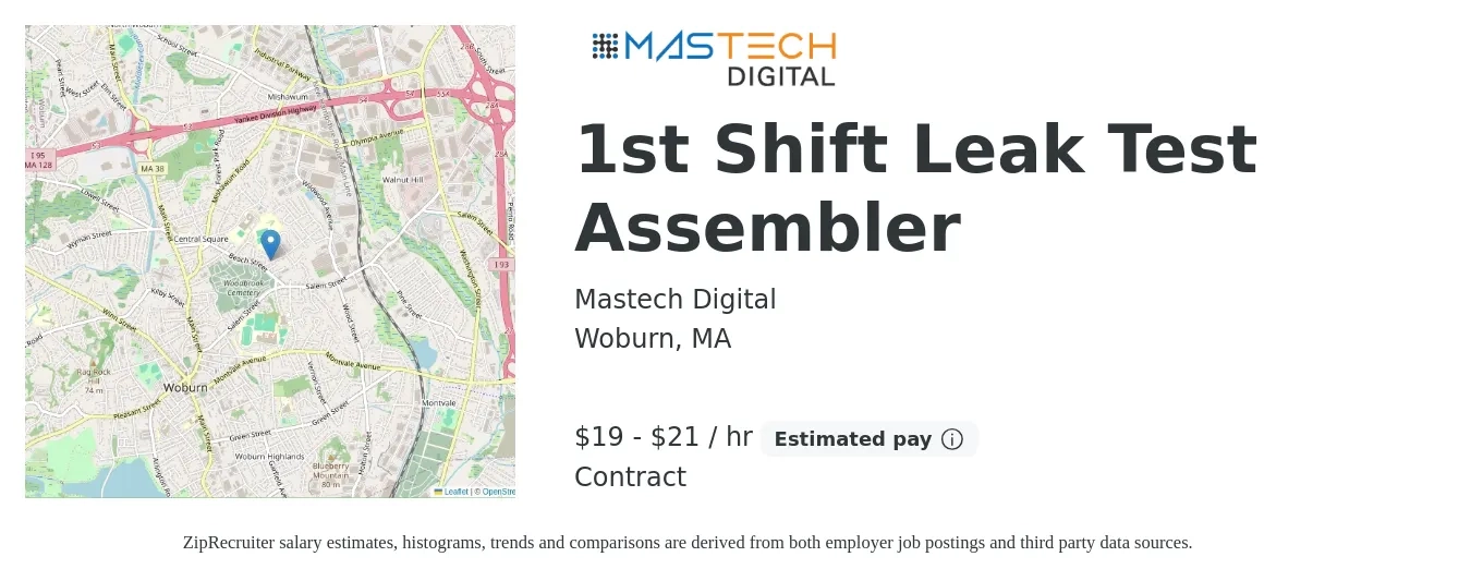 Mastech Digital job posting for a 1st Shift Leak Test Assembler in Woburn, MA with a salary of $20 to $22 Hourly with a map of Woburn location.