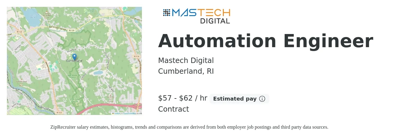 Mastech Digital job posting for a Automation Engineer in Cumberland, RI with a salary of $60 to $65 Hourly with a map of Cumberland location.