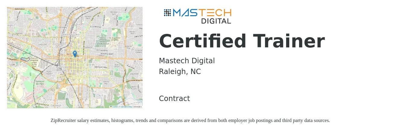 Mastech Digital job posting for a Certified Trainer in Raleigh, NC with a salary of $14 to $27 Hourly with a map of Raleigh location.
