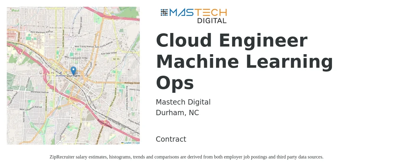 Mastech Digital job posting for a Cloud Engineer Machine Learning Ops in Durham, NC with a salary of $54 to $72 Hourly with a map of Durham location.