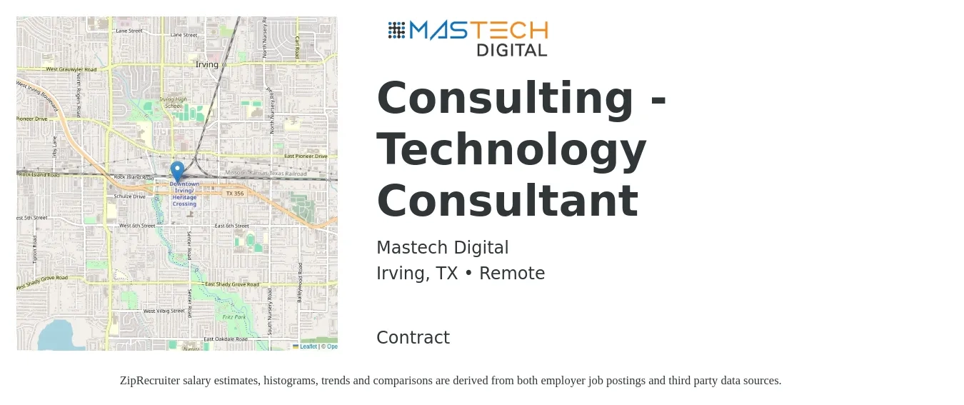 Mastech Digital job posting for a Consulting - Technology Consultant in Irving, TX with a salary of $33 to $72 Hourly with a map of Irving location.