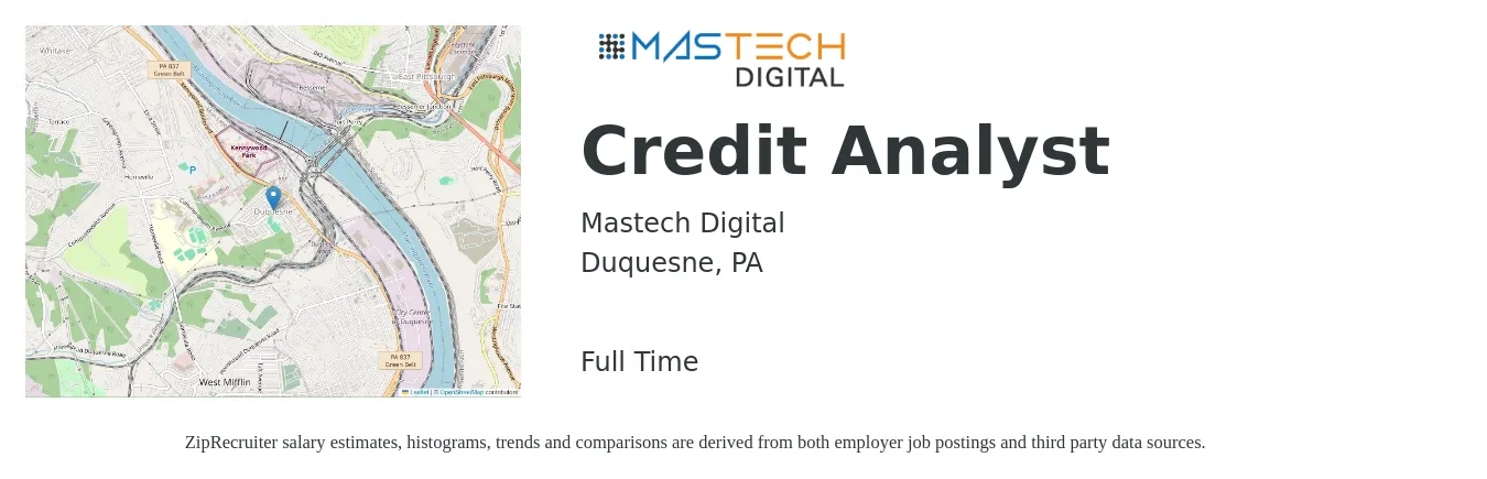 Mastech Digital job posting for a Credit Analyst in Duquesne, PA with a salary of $22 to $33 Hourly with a map of Duquesne location.