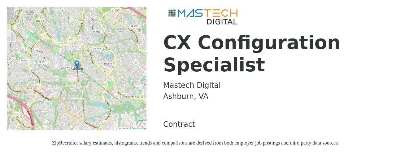 Mastech Digital job posting for a CX Configuration Specialist in Ashburn, VA with a salary of $44,500 to $87,400 Yearly with a map of Ashburn location.