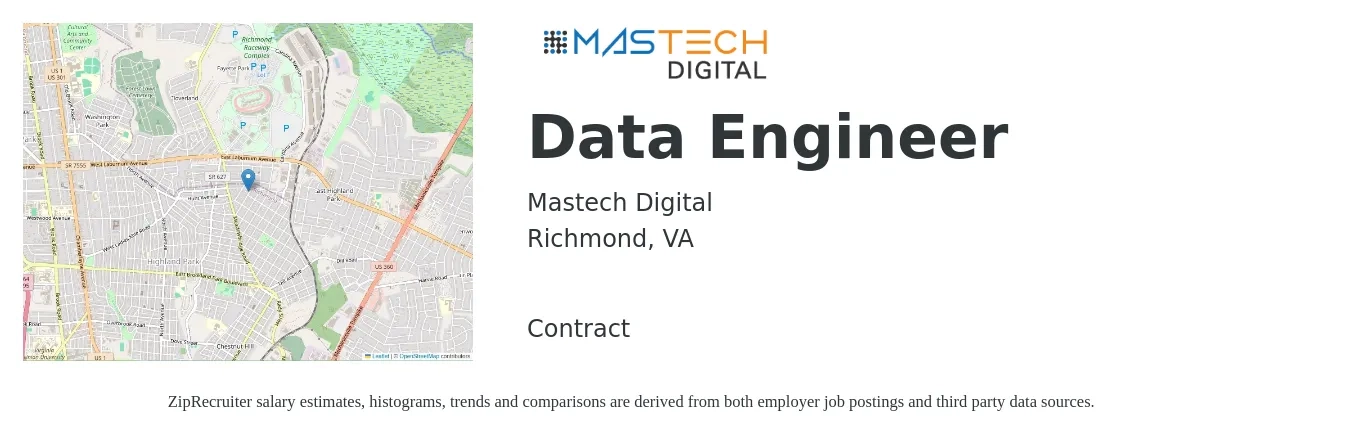 Mastech Digital job posting for a Data Engineer in Richmond, VA with a salary of $113,300 to $136,100 Yearly with a map of Richmond location.