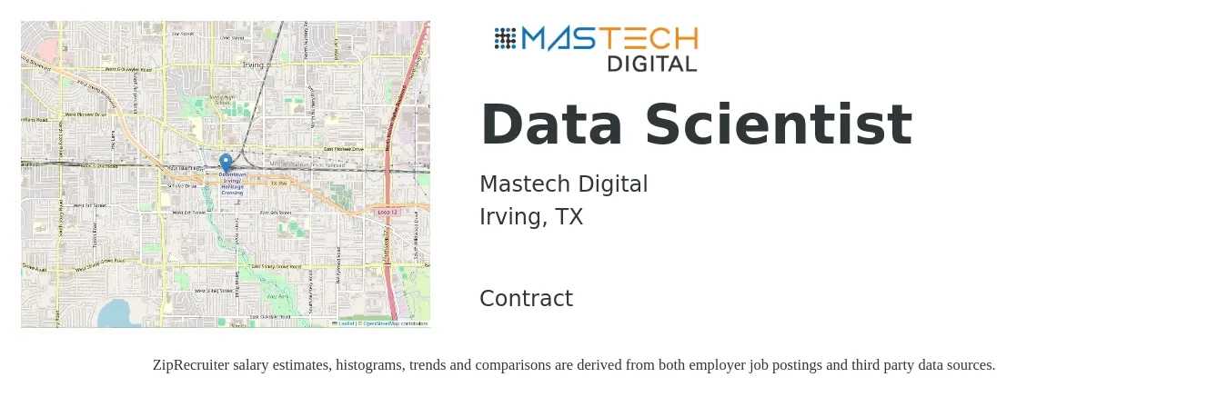 Mastech Digital job posting for a Data Scientist in Irving, TX with a salary of $94,600 to $130,600 Yearly with a map of Irving location.