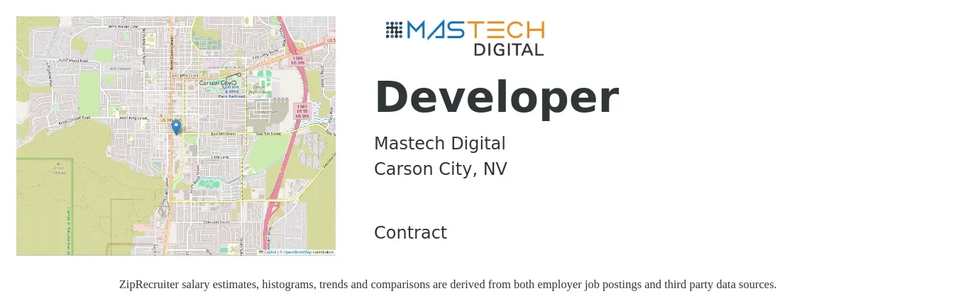 Mastech Digital job posting for a Developer in Carson City, NV with a salary of $103,800 to $153,800 Yearly with a map of Carson City location.