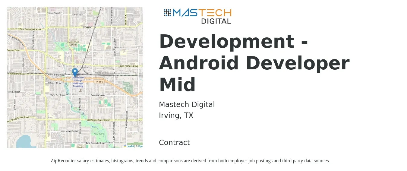 Mastech Digital job posting for a Development - Android Developer Mid in Irving, TX with a salary of $54 to $70 Hourly with a map of Irving location.