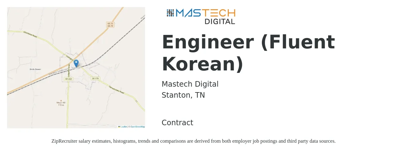 Mastech Digital job posting for a Engineer (Fluent Korean) in Stanton, TN with a salary of $42 to $60 Hourly with a map of Stanton location.