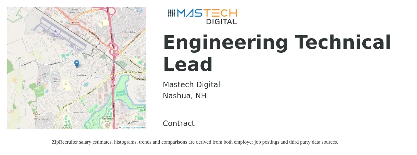 Mastech Digital job posting for a Engineering Technical Lead in Nashua, NH with a salary of $117,200 to $207,100 Yearly with a map of Nashua location.