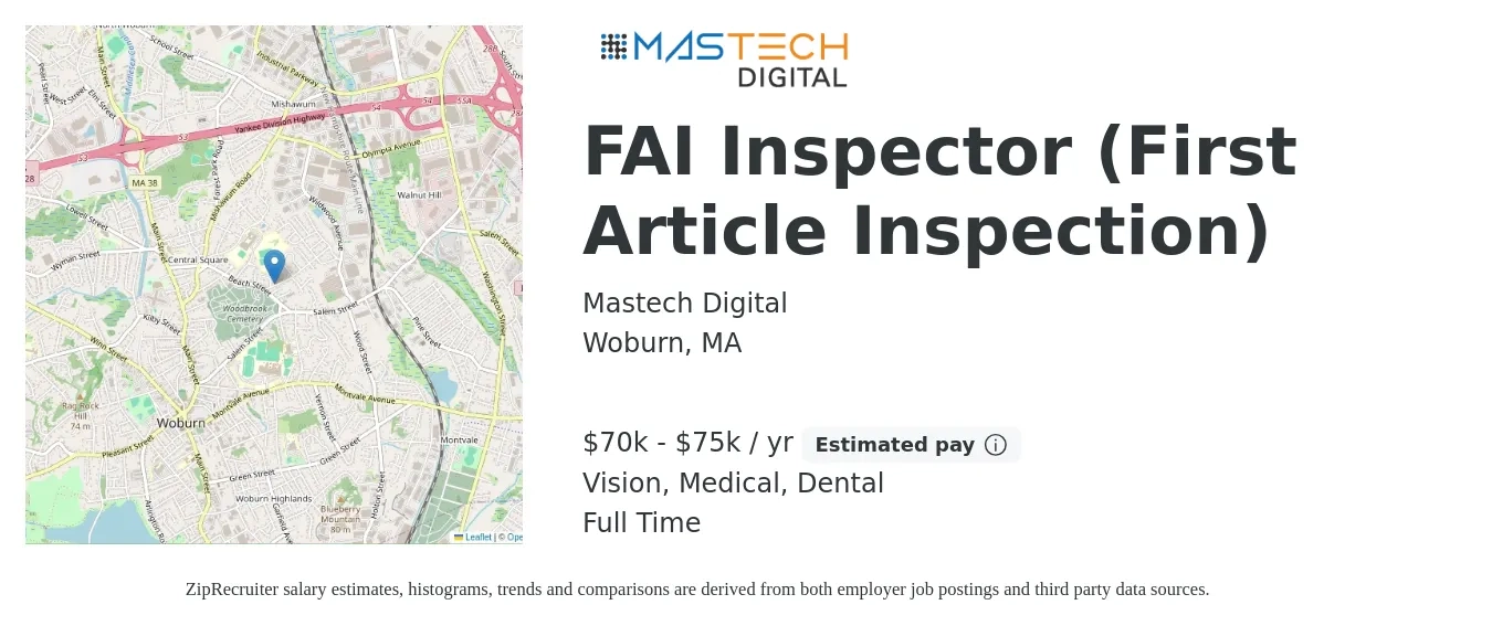Mastech Digital job posting for a FAI Inspector (First Article Inspection) in Woburn, MA with a salary of $70,000 to $75,000 Yearly and benefits including vision, dental, life_insurance, medical, and pto with a map of Woburn location.
