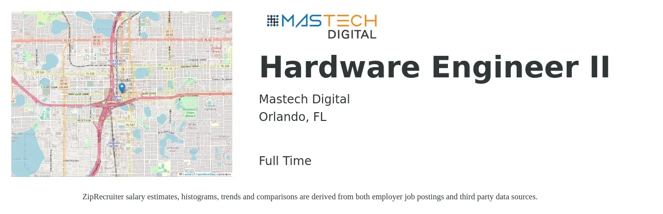 Mastech Digital job posting for a Hardware Engineer II in Orlando, FL with a salary of $115,300 to $152,200 Yearly with a map of Orlando location.