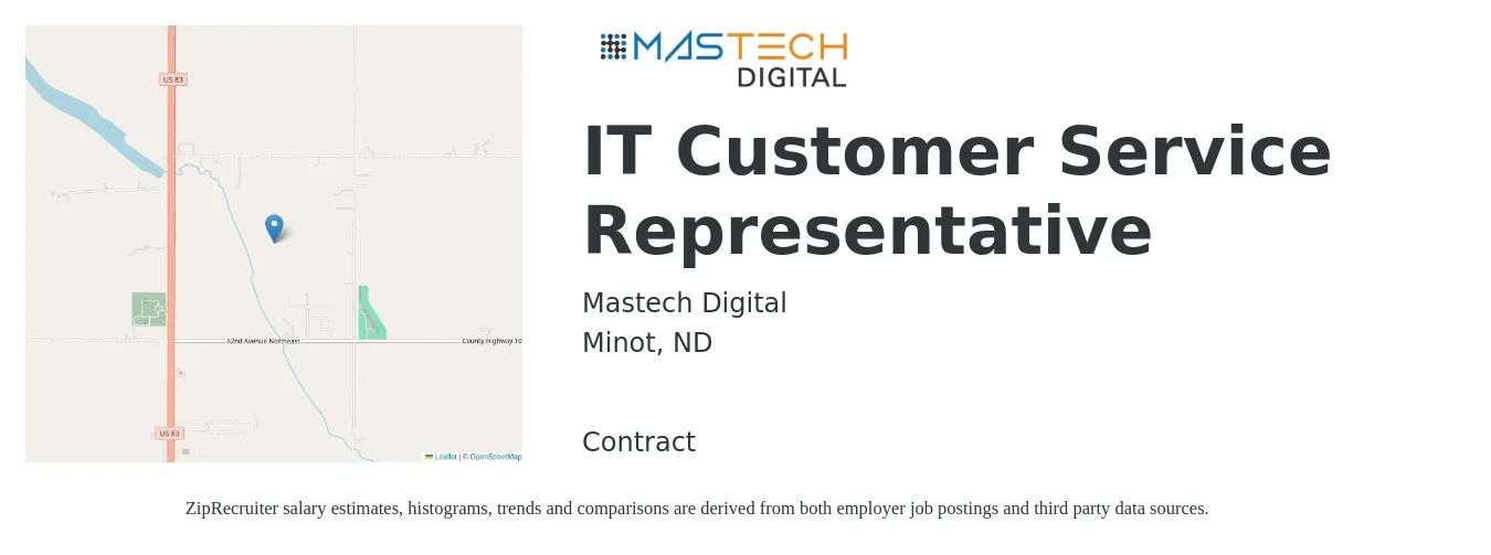 Mastech Digital job posting for a IT Customer Service Representative in Minot, ND with a salary of $16 to $22 Hourly with a map of Minot location.