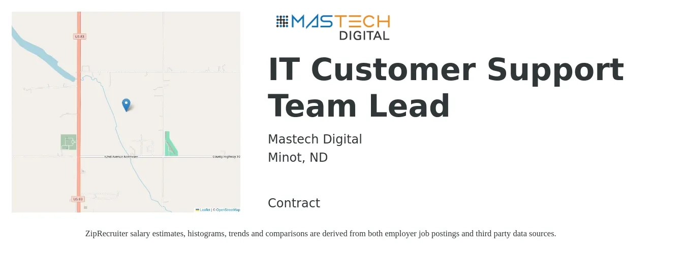 Mastech Digital job posting for a IT Customer Support Team Lead in Minot, ND with a salary of $68,400 to $98,600 Yearly with a map of Minot location.