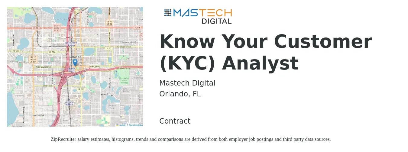 Mastech Digital job posting for a Know Your Customer (KYC) Analyst in Orlando, FL with a salary of $20 to $34 Hourly with a map of Orlando location.