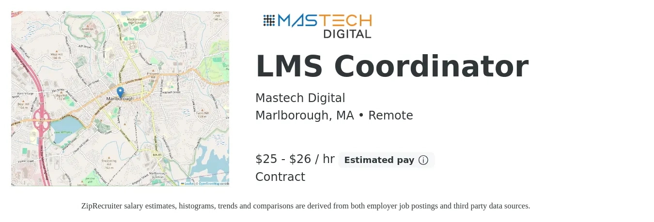 Mastech Digital job posting for a LMS Coordinator in Marlborough, MA with a salary of $26 to $28 Hourly with a map of Marlborough location.