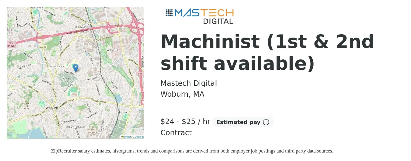 Mastech Digital job posting for a Machinist (1st & 2nd shift available) in Woburn, MA with a salary of $25 to $26 Hourly with a map of Woburn location.
