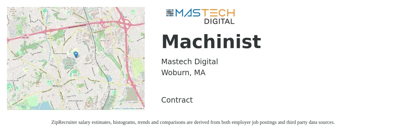 Mastech Digital job posting for a Machinist in Woburn, MA with a salary of $24 to $32 Hourly with a map of Woburn location.