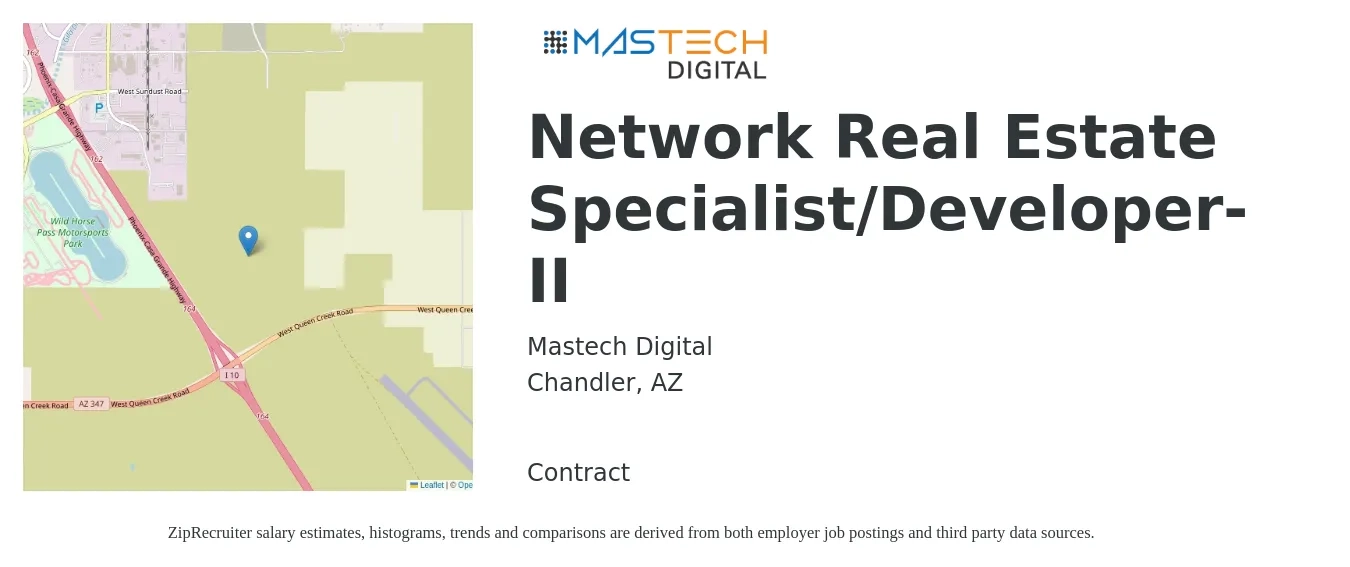 Mastech Digital job posting for a Network Real Estate Specialist/Developer-II in Chandler, AZ with a salary of $61,600 to $92,600 Yearly with a map of Chandler location.