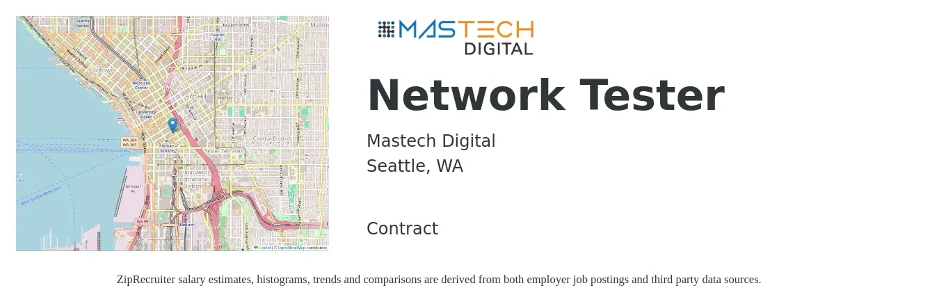 Mastech Digital job posting for a Network Tester in Seattle, WA with a salary of $101,300 to $151,900 Yearly with a map of Seattle location.