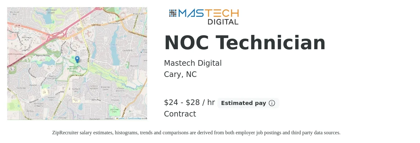 Mastech Digital job posting for a NOC Technician in Cary, NC with a salary of $25 to $30 Hourly with a map of Cary location.