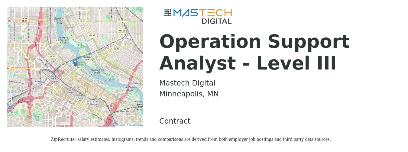 Mastech Digital job posting for a Operation Support Analyst - Level III in Minneapolis, MN with a salary of $21 to $40 Hourly with a map of Minneapolis location.