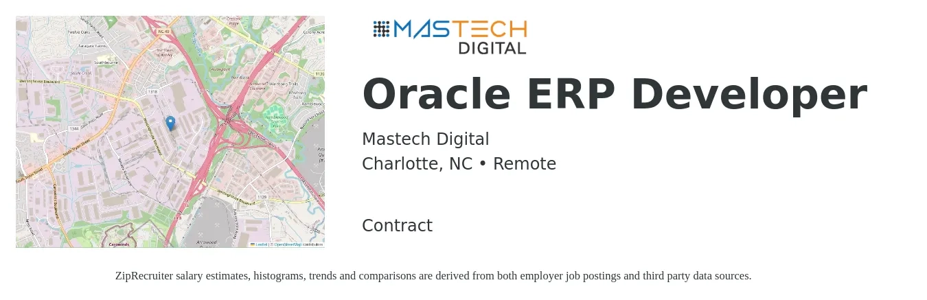 Mastech Digital job posting for a Oracle ERP Developer in Charlotte, NC with a salary of $55 to $76 Hourly with a map of Charlotte location.