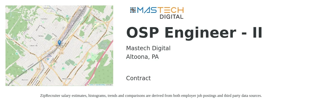 Mastech Digital job posting for a OSP Engineer - II in Altoona, PA with a salary of $66,400 to $100,400 Yearly with a map of Altoona location.
