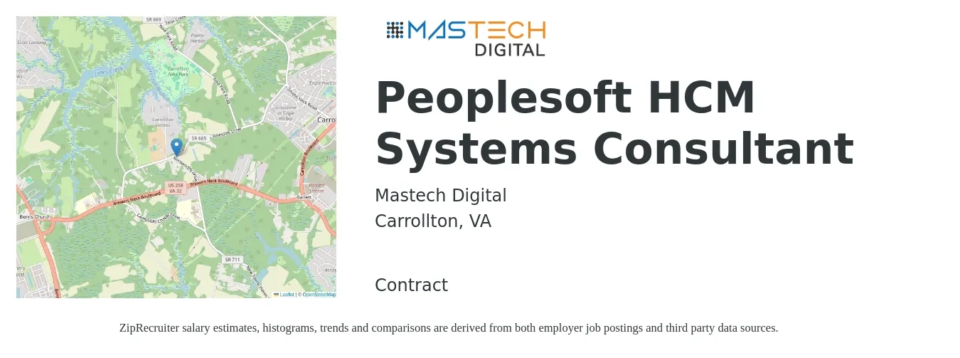 Mastech Digital job posting for a Peoplesoft HCM Systems Consultant in Carrollton, VA with a salary of $54 to $75 Hourly with a map of Carrollton location.