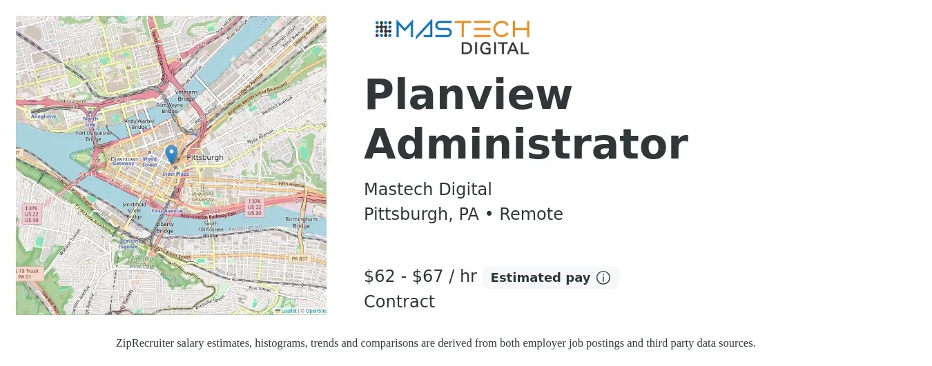 Mastech Digital job posting for a Planview Administrator in Pittsburgh, PA with a salary of $65 to $70 Hourly with a map of Pittsburgh location.