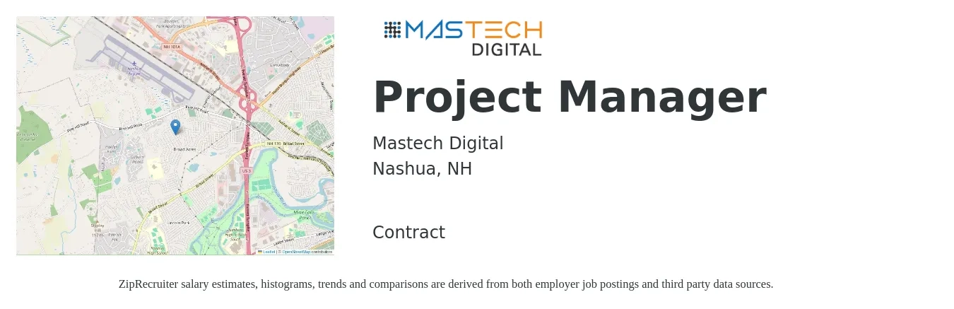 Mastech Digital job posting for a Project Manager in Nashua, NH with a salary of $79,300 to $124,200 Yearly with a map of Nashua location.
