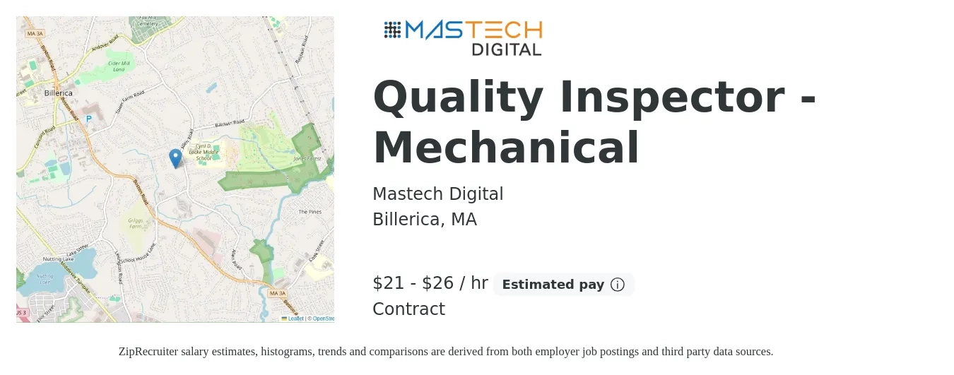 Mastech Digital job posting for a Quality Inspector - Mechanical in Billerica, MA with a salary of $22 to $28 Hourly with a map of Billerica location.