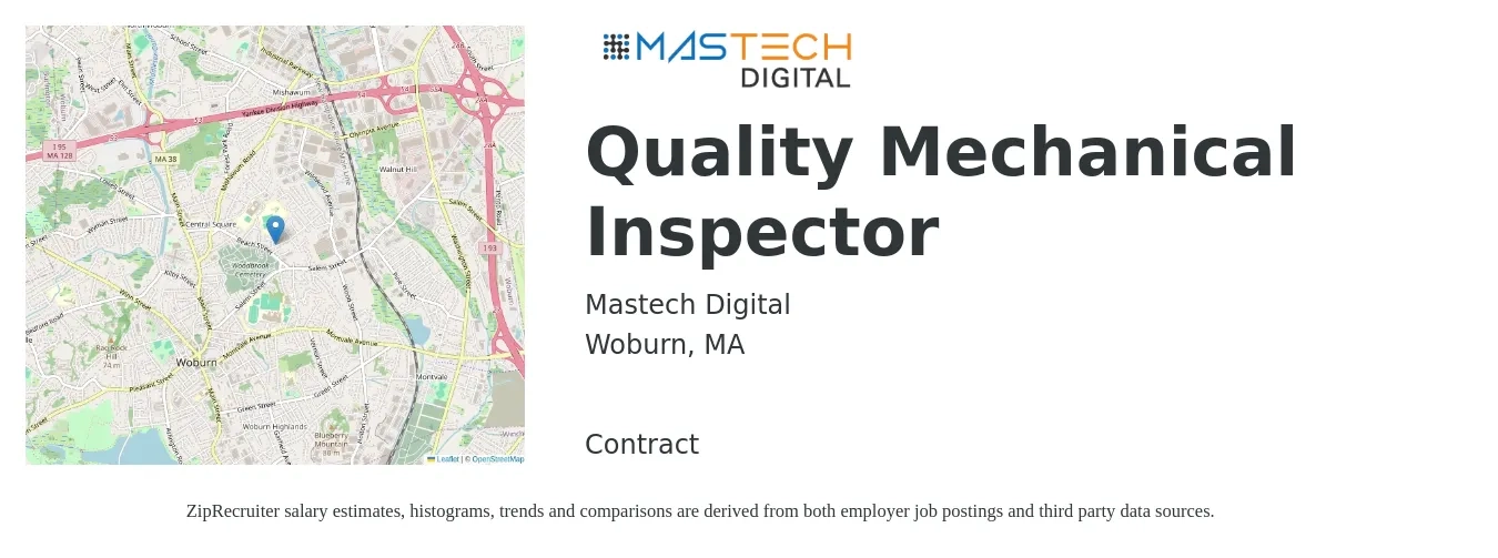 Mastech Digital job posting for a Quality Mechanical Inspector in Woburn, MA with a salary of $28 to $37 Hourly with a map of Woburn location.