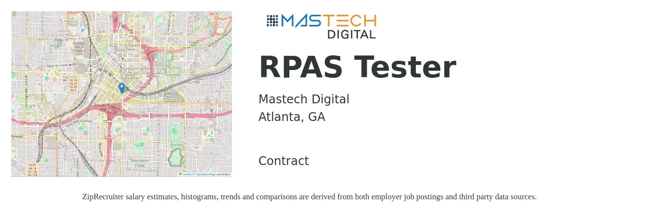 Mastech Digital job posting for a RPAS Tester in Atlanta, GA with a salary of $38 to $56 Hourly with a map of Atlanta location.