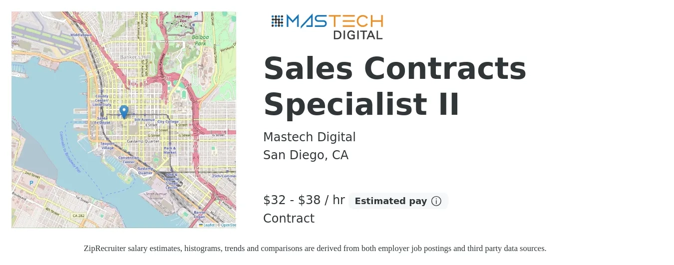 Mastech Digital job posting for a Sales Contracts Specialist II in San Diego, CA with a salary of $34 to $40 Hourly with a map of San Diego location.