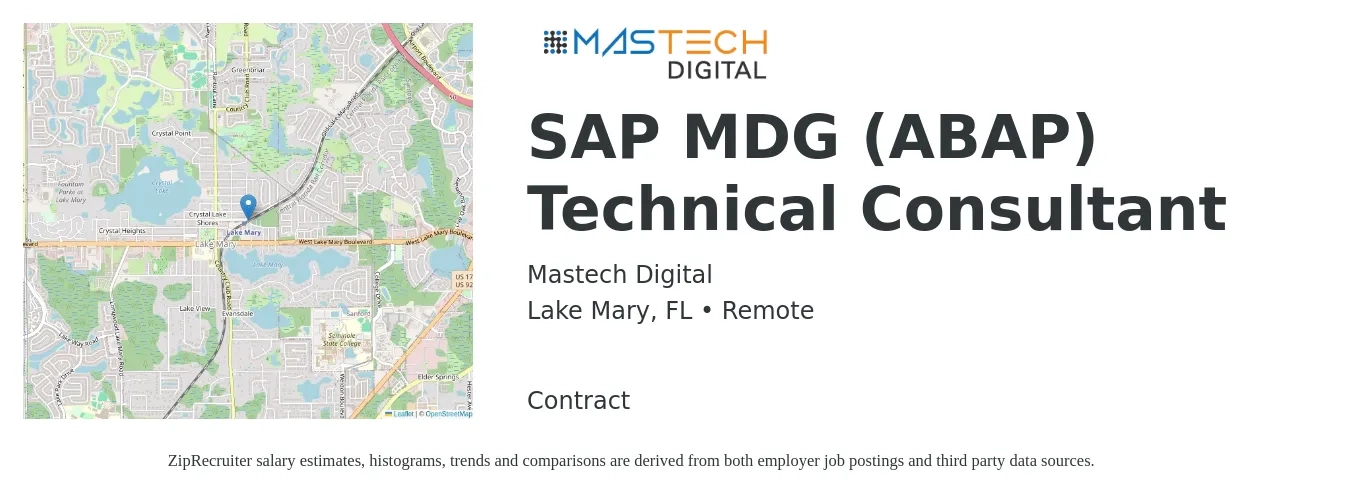 Mastech Digital job posting for a SAP MDG (ABAP) Technical Consultant in Lake Mary, FL with a salary of $54 to $73 Hourly with a map of Lake Mary location.