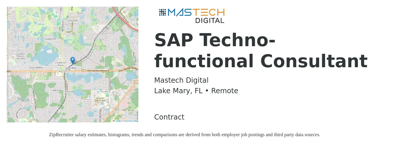 Mastech Digital job posting for a SAP Techno-functional Consultant in Lake Mary, FL with a salary of $55 to $75 Hourly with a map of Lake Mary location.