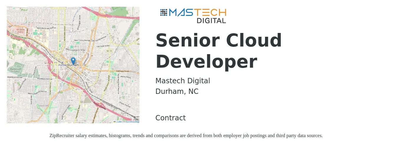 Mastech Digital job posting for a Senior Cloud Developer in Durham, NC with a salary of $54 to $74 Hourly with a map of Durham location.