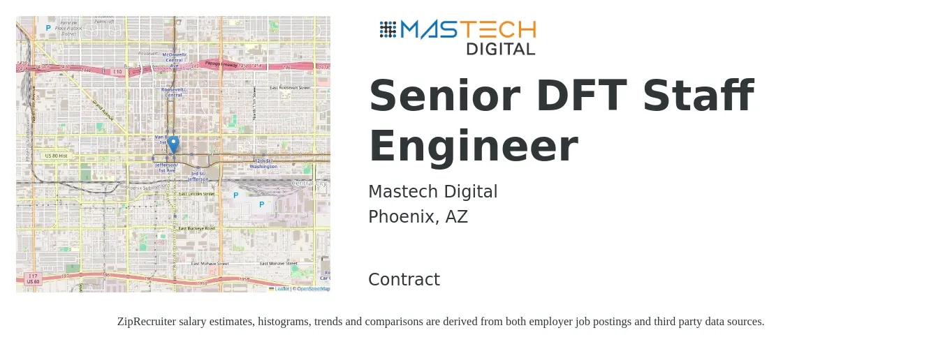 Mastech Digital job posting for a Senior DFT Staff Engineer in Phoenix, AZ with a salary of $109,700 to $146,500 Yearly with a map of Phoenix location.