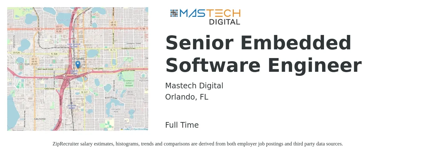 Mastech Digital job posting for a Senior Embedded Software Engineer in Orlando, FL with a salary of $115,800 to $151,700 Yearly with a map of Orlando location.