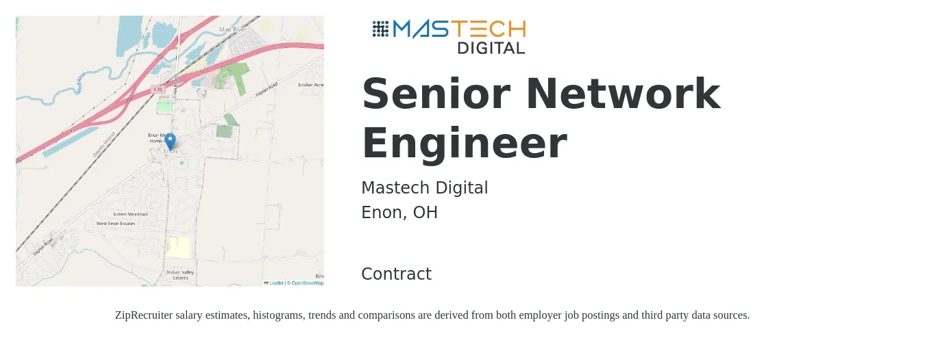 Mastech Digital job posting for a Senior Network Engineer in Enon, OH with a salary of $94,400 to $129,400 Yearly with a map of Enon location.