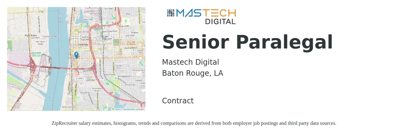 Mastech Digital job posting for a Senior Paralegal in Baton Rouge, LA with a salary of $56,200 to $83,100 Yearly with a map of Baton Rouge location.